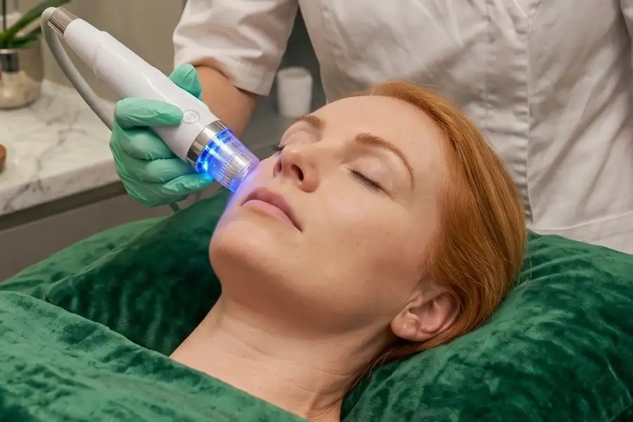 Kozmetička ošetruje tvár klientky prístrojom na RF mezoterapiu s modrým svetlom